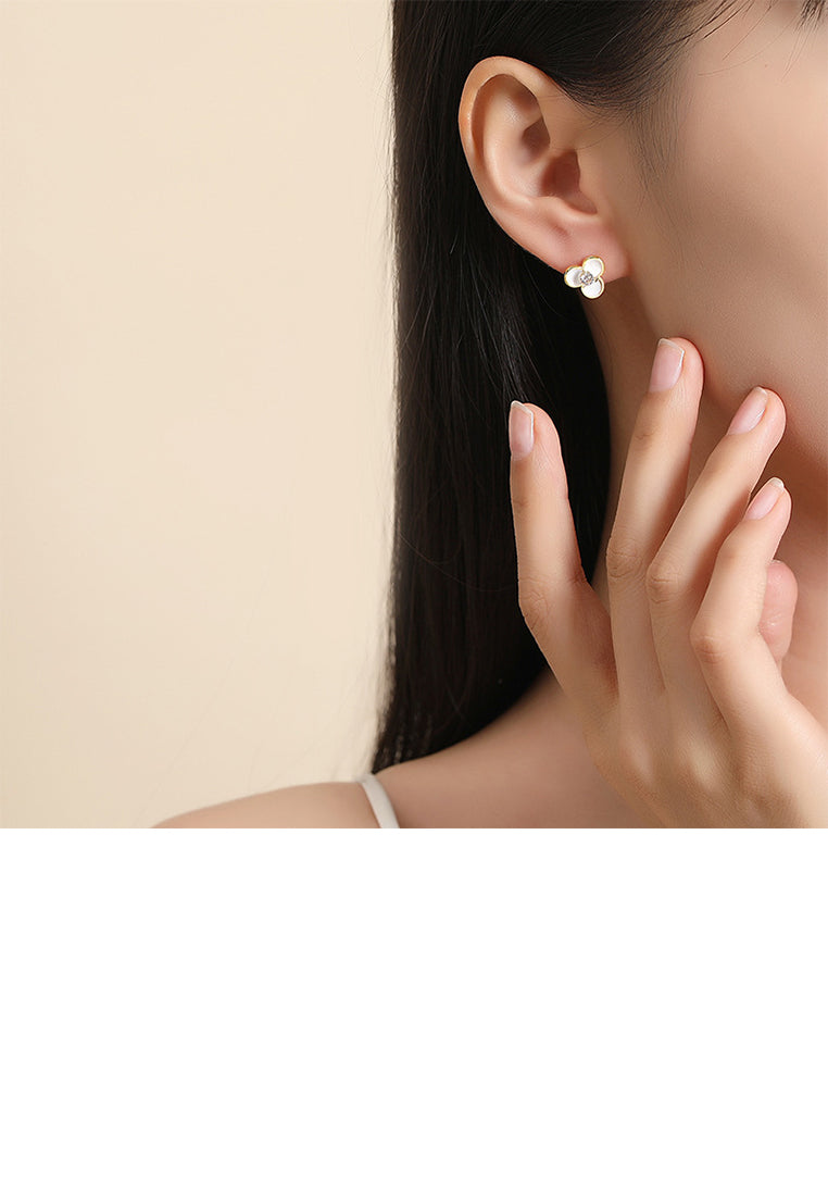 925 Sterling Silver Plated Gold Simple Cute Three-leafed Clover Stud Earrings with Cubic Zirconia - Luxurious Look