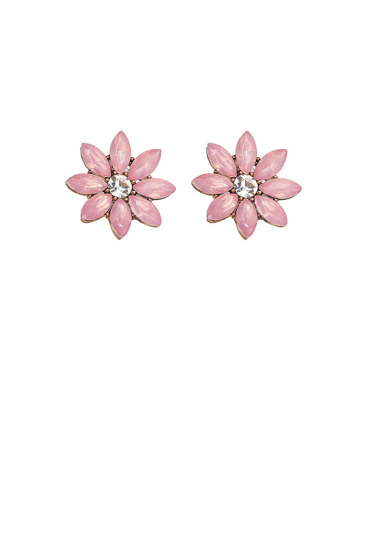 Simple and Fashion Plated Gold Flower Stud Earrings with Pink Cubic Zirconia - Luxurious Look - Vibrant Color