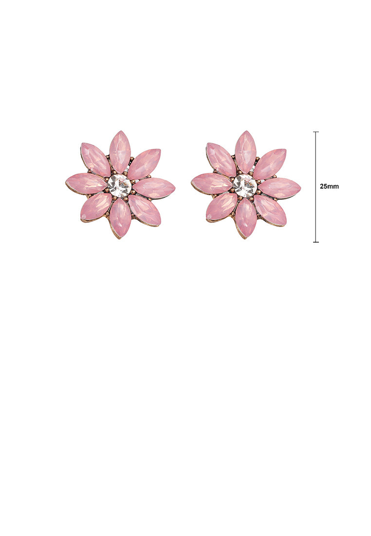 Simple and Fashion Plated Gold Flower Stud Earrings with Pink Cubic Zirconia - Luxurious Look - Vibrant Color