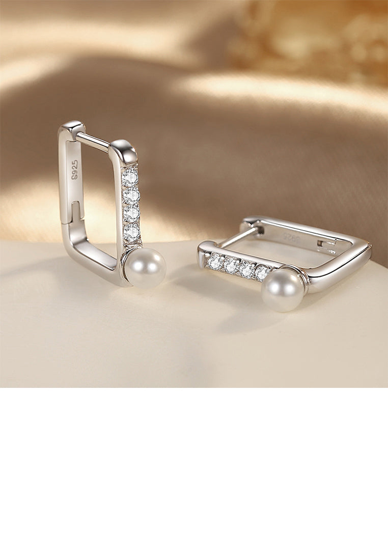 925 Sterling Silver Fashion Simple Geometric Square Imitation Pearl Earrings with Cubic Zirconia - Luxurious Look