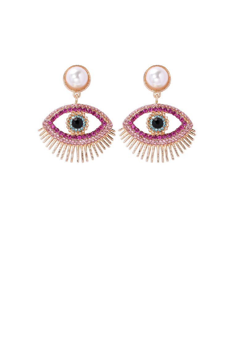 Fashion Personality Plated Gold Devil Eye Imitation Pearl Earrings with Rose Red Cubic Zirconia - Luxurious Look - Vibrant Color