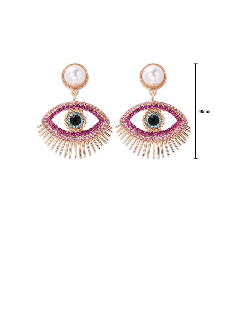 Fashion Personality Plated Gold Devil Eye Imitation Pearl Earrings with Rose Red Cubic Zirconia - Luxurious Look - Vibrant Color
