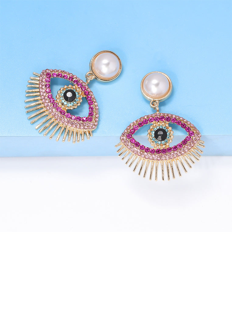 Fashion Personality Plated Gold Devil Eye Imitation Pearl Earrings with Rose Red Cubic Zirconia - Luxurious Look - Vibrant Color