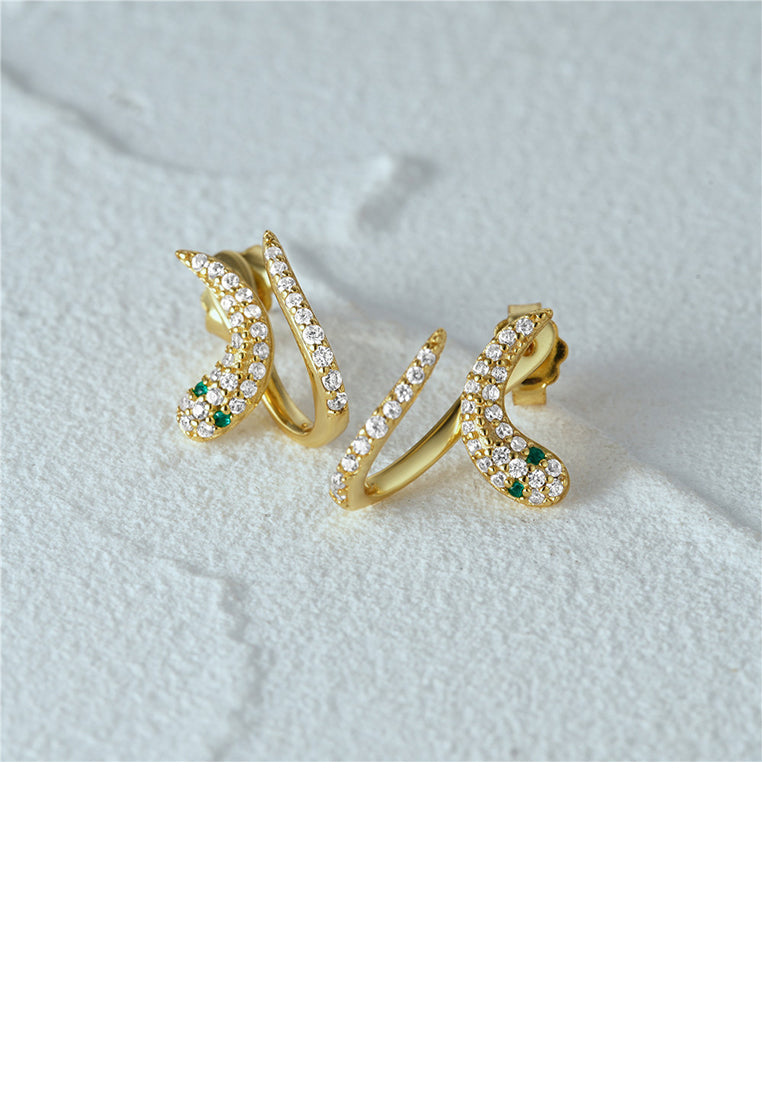 925 Sterling Silver Plated Gold Creative Personalized Snake-shaped Stud Earrings with Cubic Zirconia - Luxurious Look