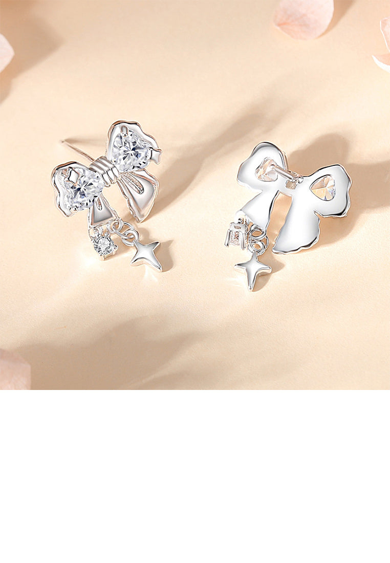925 Sterling Silver Sweet Fashion Ribbon Stud Earrings with Cubic Zirconia - Luxurious Look