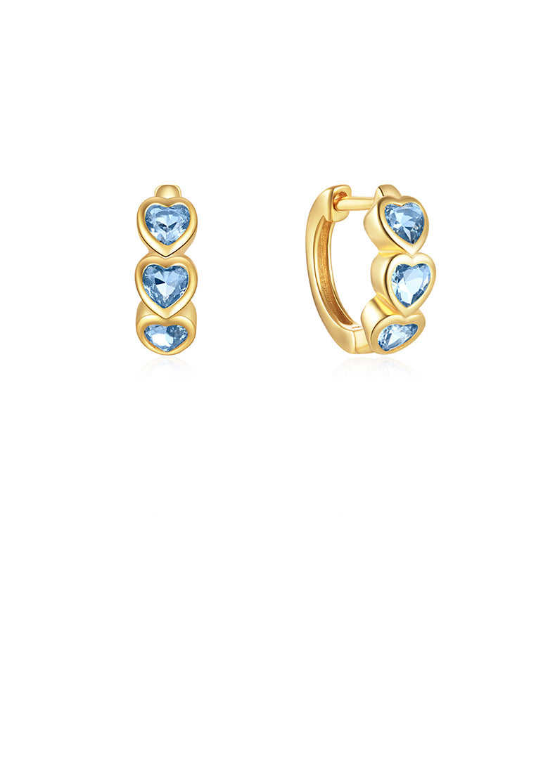 925 Sterling Silver Plated Gold Simple Sweet Heart Shaped Earrings with Blue Cubic Zirconia - Luxurious Look