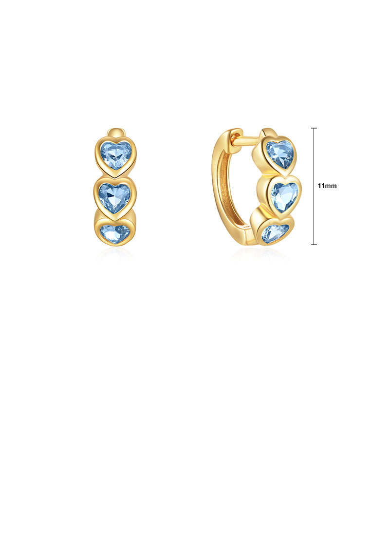 925 Sterling Silver Plated Gold Simple Sweet Heart Shaped Earrings with Blue Cubic Zirconia - Luxurious Look