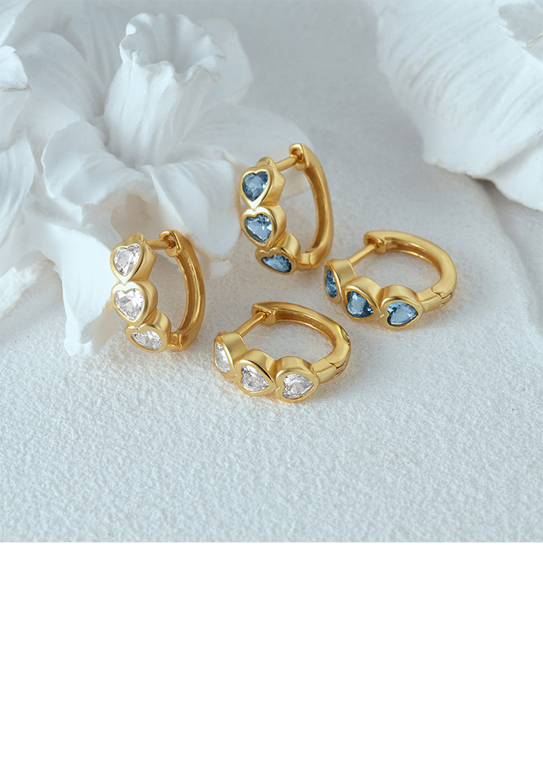 925 Sterling Silver Plated Gold Simple Sweet Heart Shaped Earrings with Blue Cubic Zirconia - Luxurious Look