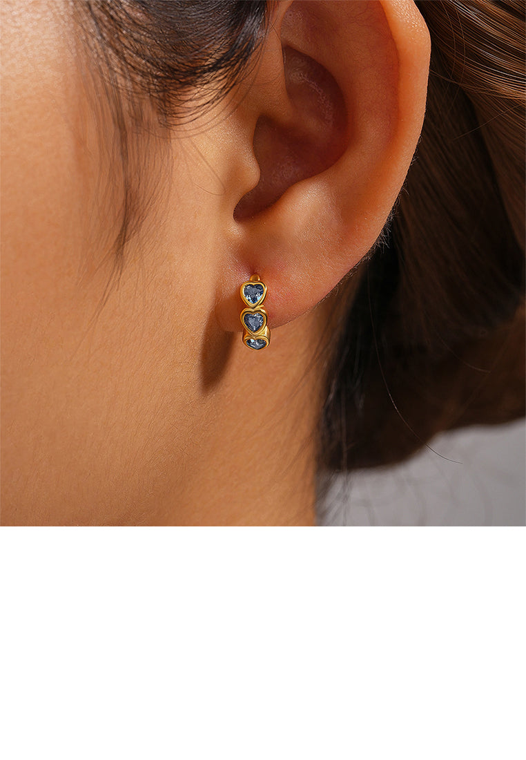 925 Sterling Silver Plated Gold Simple Sweet Heart Shaped Earrings with Blue Cubic Zirconia - Luxurious Look
