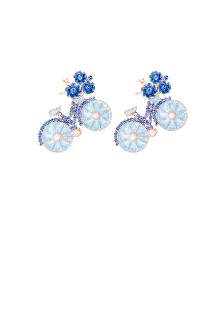 Fashion and Creative Plated Gold Enamel Blue Bicycle Stud Earrings with Cubic Zirconia - Luxurious Look
