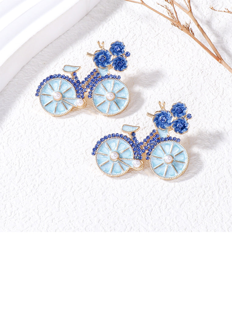 Fashion and Creative Plated Gold Enamel Blue Bicycle Stud Earrings with Cubic Zirconia - Luxurious Look