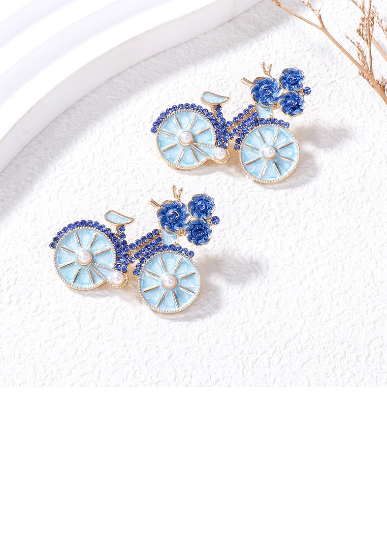 Fashion and Creative Plated Gold Enamel Blue Bicycle Stud Earrings with Cubic Zirconia - Luxurious Look