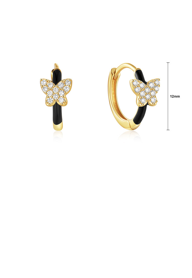 925 Sterling Silver Plated Gold Simple Cute Butterfly Enamel Black Geometric Earrings with Cubic Zirconia - Luxurious Look