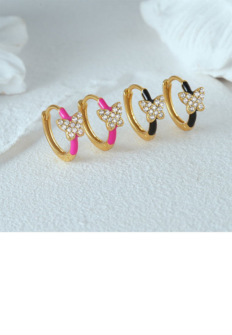925 Sterling Silver Plated Gold Simple Cute Butterfly Enamel Black Geometric Earrings with Cubic Zirconia - Luxurious Look