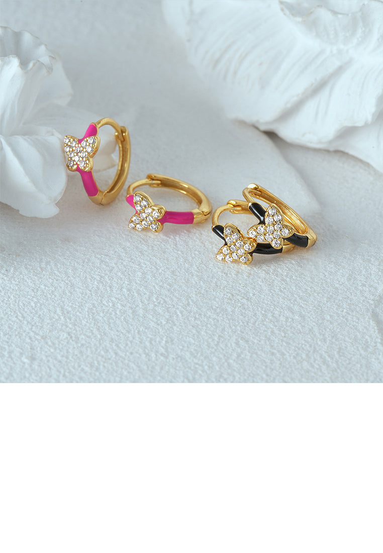 925 Sterling Silver Plated Gold Simple Cute Butterfly Enamel Black Geometric Earrings with Cubic Zirconia - Luxurious Look