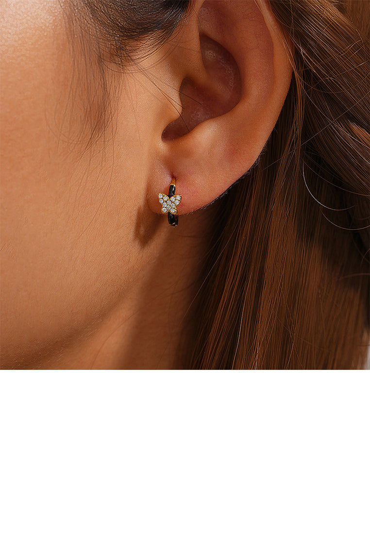 925 Sterling Silver Plated Gold Simple Cute Butterfly Enamel Black Geometric Earrings with Cubic Zirconia - Luxurious Look