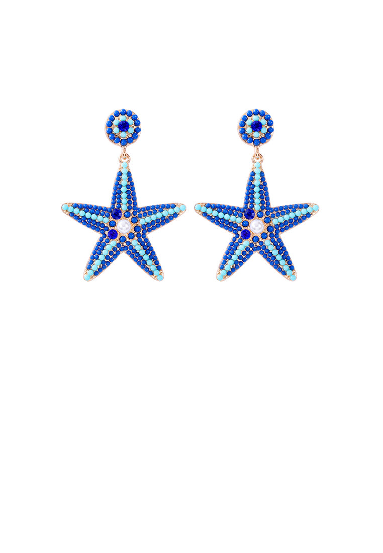 Fashion and Simple Plated Gold Five-pointed Star Imitation Blue Pearl Stud Earrings with Cubic Zirconia - Luxurious Look