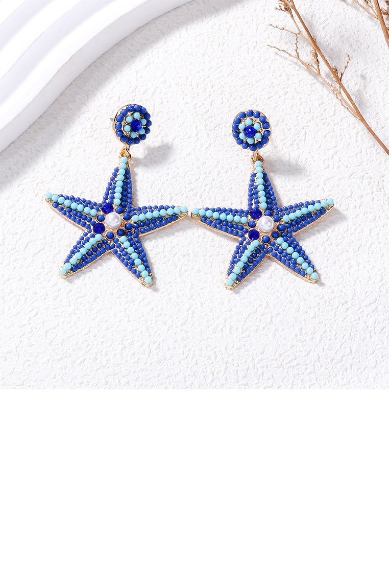 Fashion and Simple Plated Gold Five-pointed Star Imitation Blue Pearl Stud Earrings with Cubic Zirconia - Luxurious Look