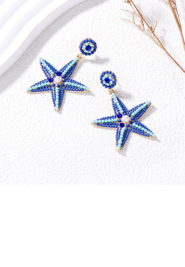 Fashion and Simple Plated Gold Five-pointed Star Imitation Blue Pearl Stud Earrings with Cubic Zirconia - Luxurious Look