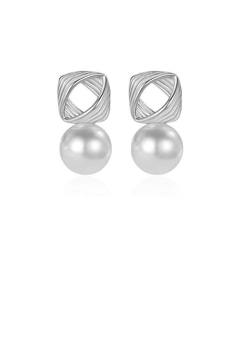 925 Sterling Silver Fashion and Elegant French Spiral Line Geometric Imitation Pearl Stud Earrings - Luxurious Look