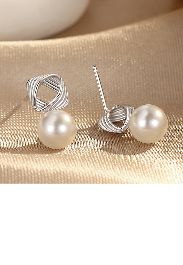 925 Sterling Silver Fashion and Elegant French Spiral Line Geometric Imitation Pearl Stud Earrings - Luxurious Look