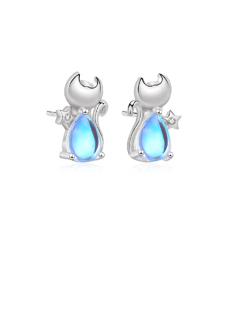 925 Sterling Silver Simple and Cute Cat Moonstone Stud Earrings with Cubic Zirconia - Luxurious Look