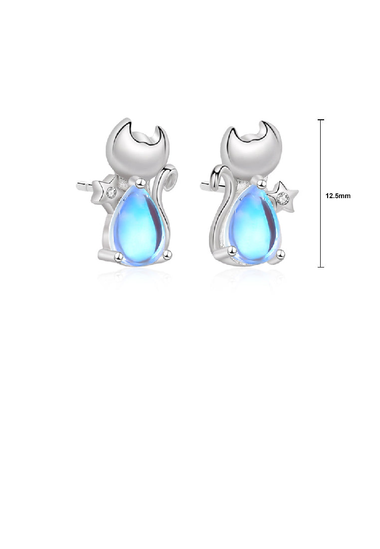 925 Sterling Silver Simple and Cute Cat Moonstone Stud Earrings with Cubic Zirconia - Luxurious Look
