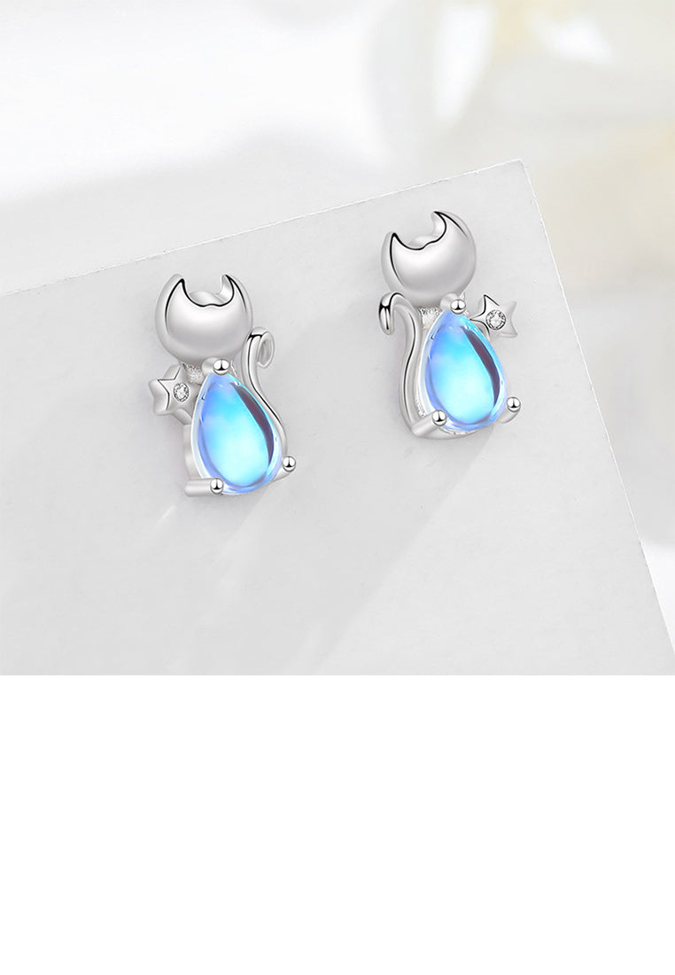 925 Sterling Silver Simple and Cute Cat Moonstone Stud Earrings with Cubic Zirconia - Luxurious Look