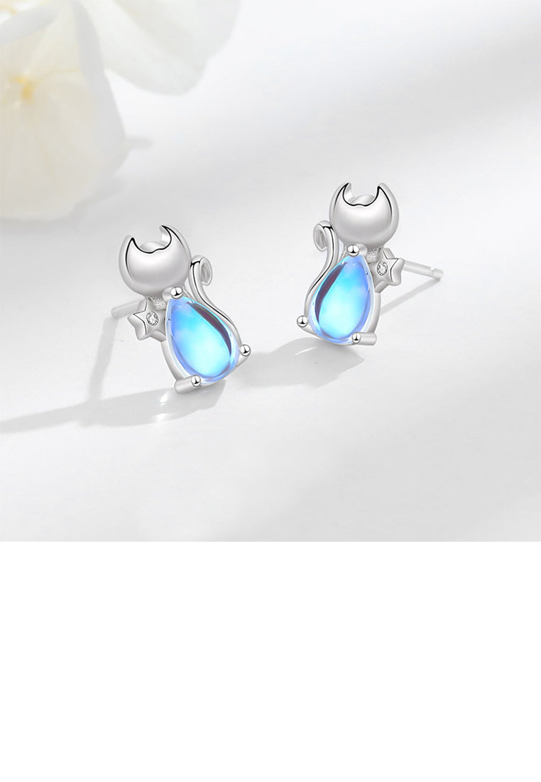 925 Sterling Silver Simple and Cute Cat Moonstone Stud Earrings with Cubic Zirconia - Luxurious Look