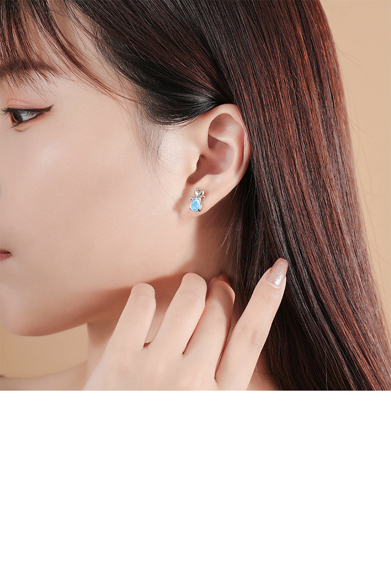 925 Sterling Silver Simple and Cute Cat Moonstone Stud Earrings with Cubic Zirconia - Luxurious Look