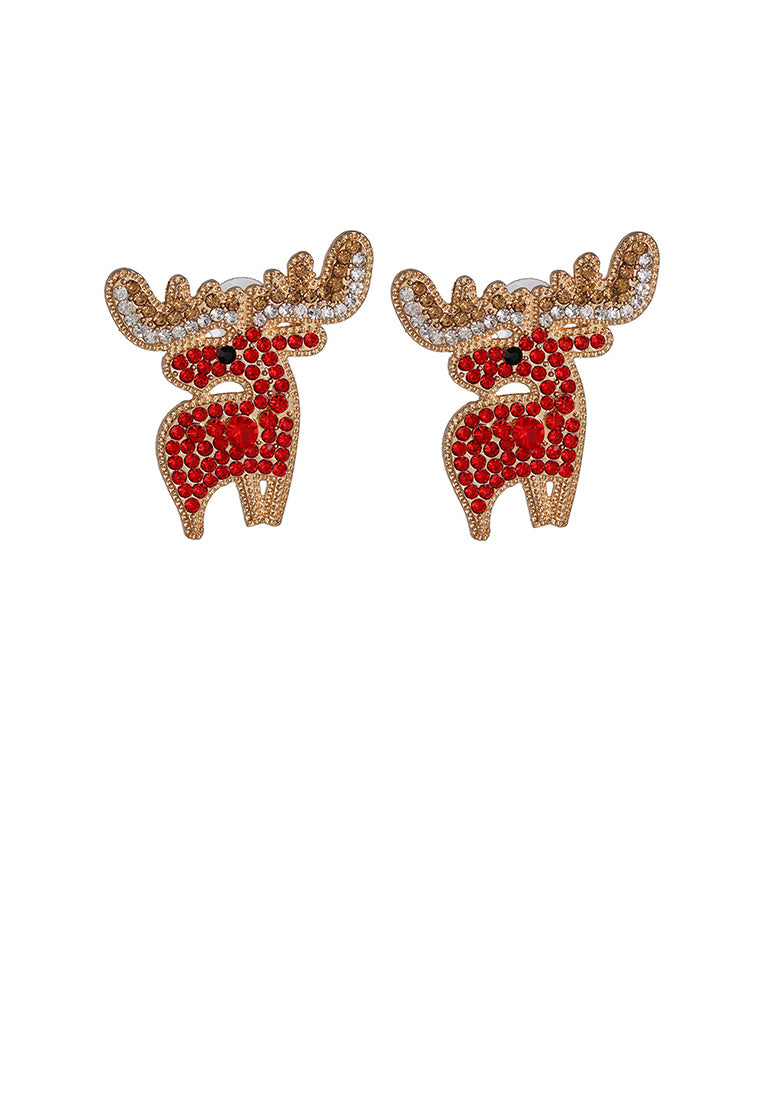 Simple and Cute Plated Gold Elk Stud Earrings with Red Cubic Zirconia - Luxurious Look - Vibrant Color