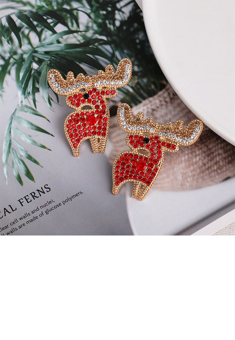 Simple and Cute Plated Gold Elk Stud Earrings with Red Cubic Zirconia - Luxurious Look - Vibrant Color