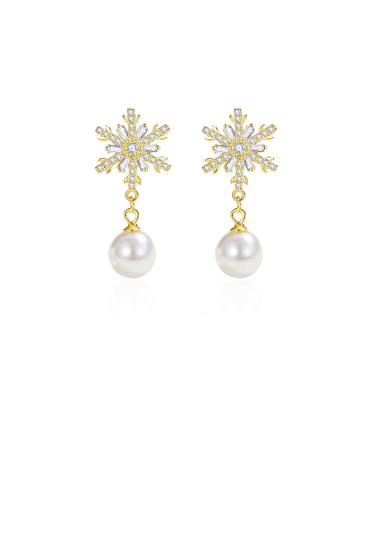 925 Sterling Silver Plated Gold Fashion Temperament Snowflake Imitation Pearl Earrings with Cubic Zirconia - Luxurious Look