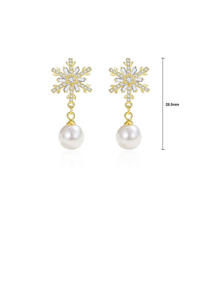 925 Sterling Silver Plated Gold Fashion Temperament Snowflake Imitation Pearl Earrings with Cubic Zirconia - Luxurious Look