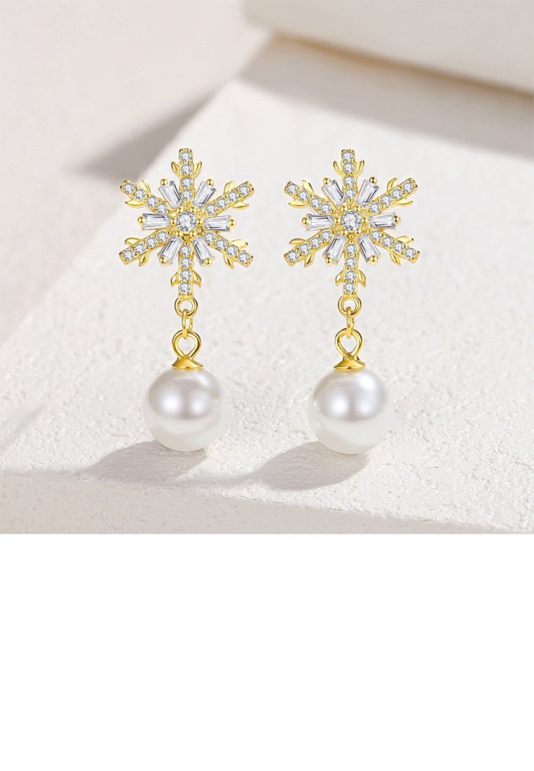 925 Sterling Silver Plated Gold Fashion Temperament Snowflake Imitation Pearl Earrings with Cubic Zirconia - Luxurious Look