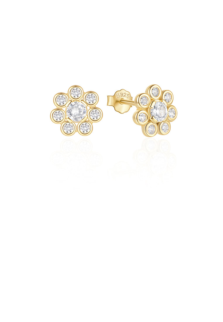925 Sterling Silver Plated Gold Simple Fashion Flower Stud Earrings with Cubic Zirconia - Luxurious Look