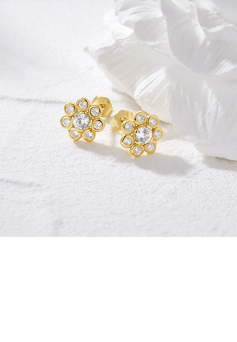 925 Sterling Silver Plated Gold Simple Fashion Flower Stud Earrings with Cubic Zirconia - Luxurious Look