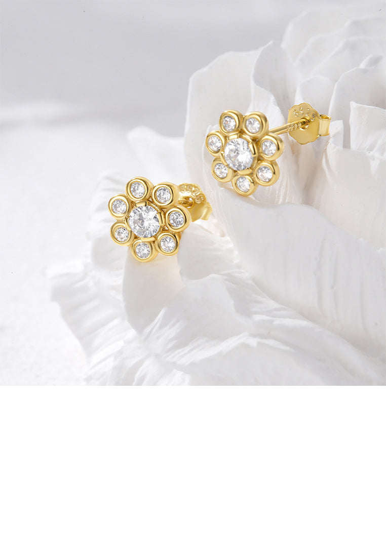 925 Sterling Silver Plated Gold Simple Fashion Flower Stud Earrings with Cubic Zirconia - Luxurious Look