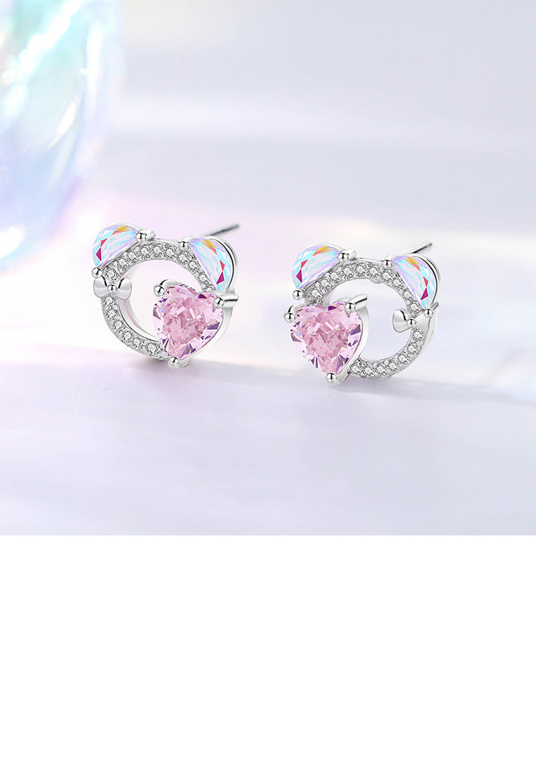 925 Sterling Silver Sweet and Cute Heart Shape Bear Stud Earrings with Cubic Zirconia - Luxurious Look