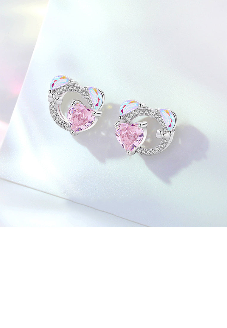 925 Sterling Silver Sweet and Cute Heart Shape Bear Stud Earrings with Cubic Zirconia - Luxurious Look