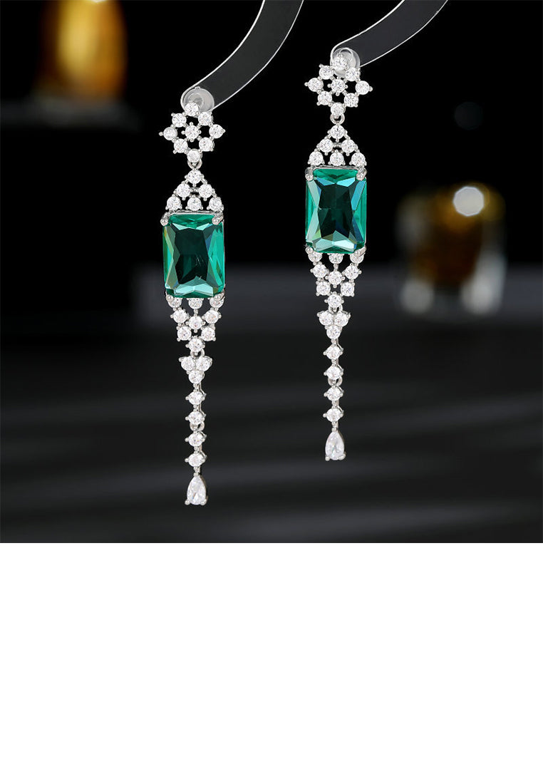 Fashion Simple Pattern Geometric Square Tassel Earrings with Green Cubic Zirconia - Luxurious Look