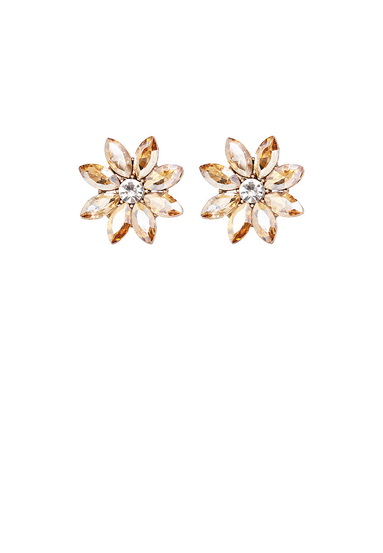 Simple and Fashion Plated Gold Flower Stud Earrings with Champagne Cubic Zirconia - Luxurious Look
