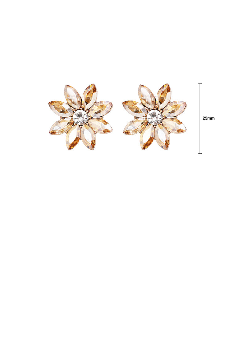 Simple and Fashion Plated Gold Flower Stud Earrings with Champagne Cubic Zirconia - Luxurious Look