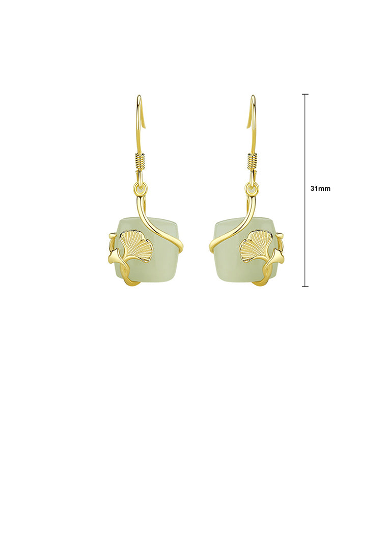 925 Sterling Silver Plated Gold Fashion Temperament Ginkgo Leaf Geometric Square Earrings