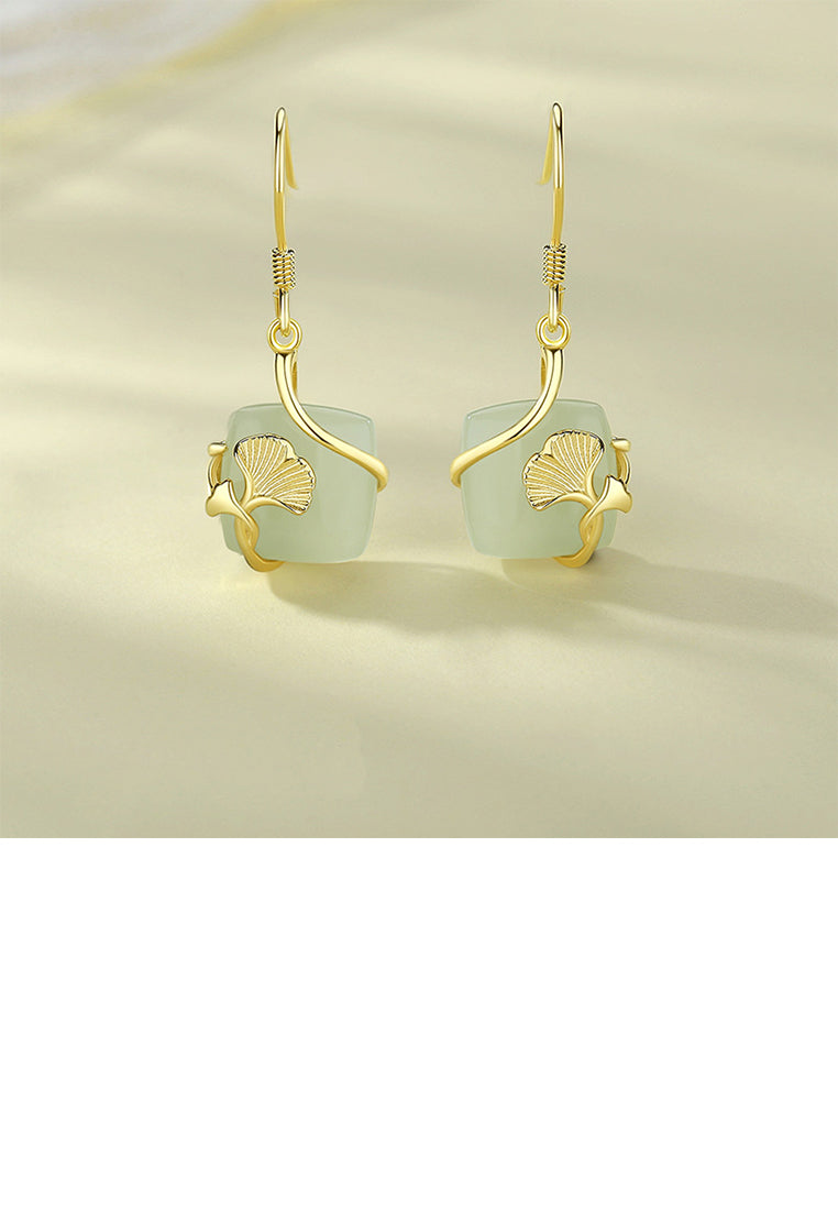 925 Sterling Silver Plated Gold Fashion Temperament Ginkgo Leaf Geometric Square Earrings