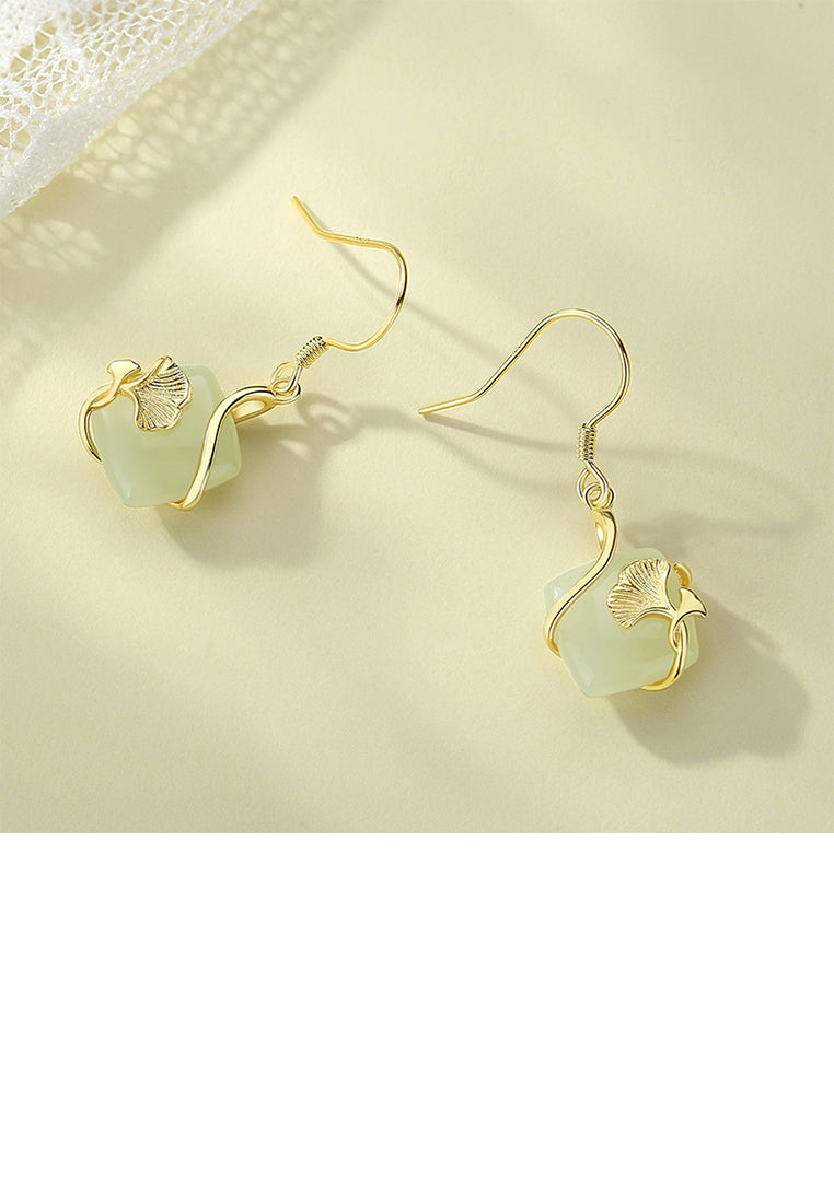 925 Sterling Silver Plated Gold Fashion Temperament Ginkgo Leaf Geometric Square Earrings