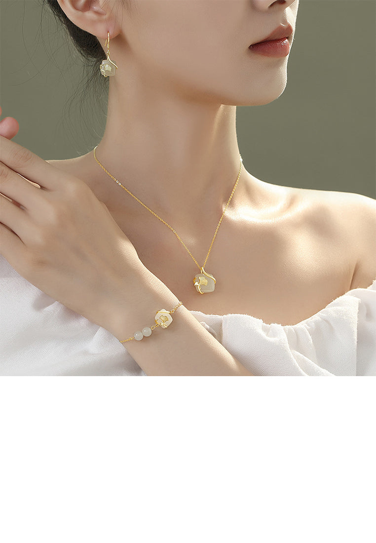 925 Sterling Silver Plated Gold Fashion Temperament Ginkgo Leaf Geometric Square Earrings