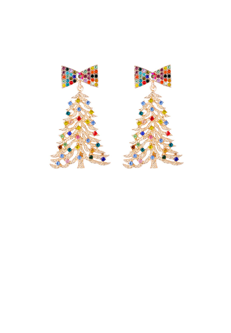 Simple Cute Gold Christmas Tree Ribbon Stud Earrings with Cubic Zirconia - Luxurious Look