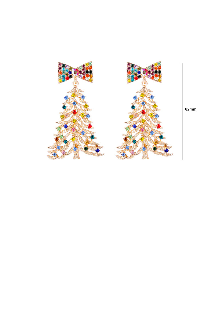 Simple Cute Gold Christmas Tree Ribbon Stud Earrings with Cubic Zirconia - Luxurious Look