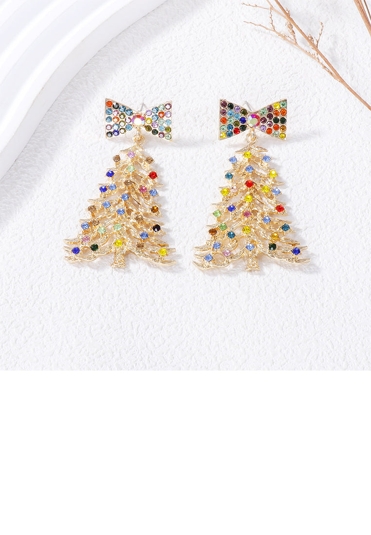 Simple Cute Gold Christmas Tree Ribbon Stud Earrings with Cubic Zirconia - Luxurious Look